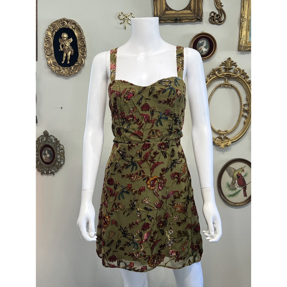 Lulus Green Floral Burnout Velvet Lace Up Back Mini Dress Size Large Flaws